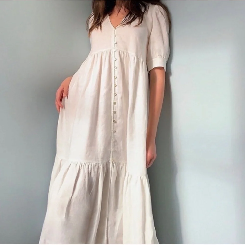WILFRED Ohara Tiered Linen Maxi Dress White Puff Sleeve - Picture 2 of 14
